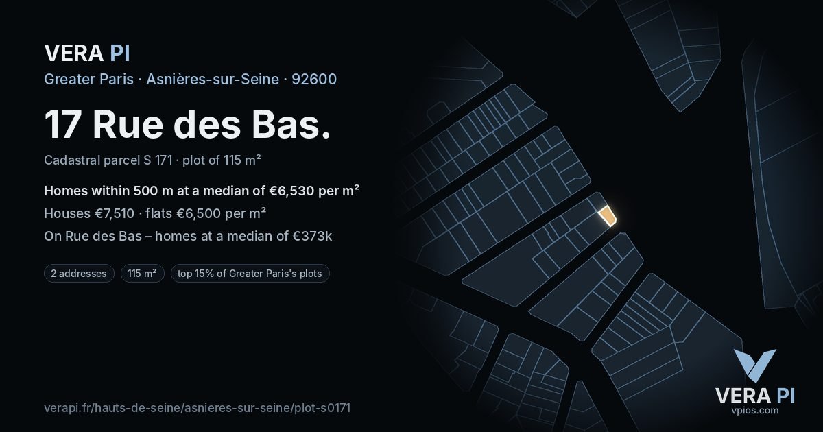 17 Rue des Bas, Asnières-sur-Seine at night – the plot lit, the parcels around coloured by the prices near them