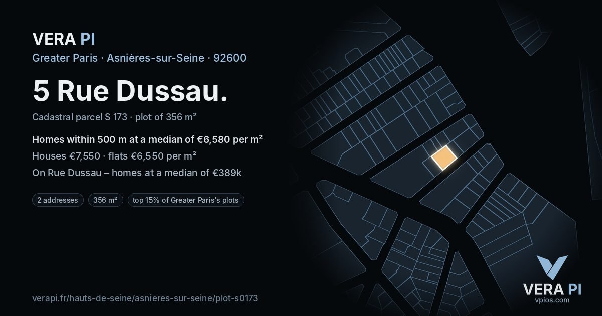 5 Rue Dussau, Asnières-sur-Seine at night – the plot lit, the parcels around coloured by the prices near them