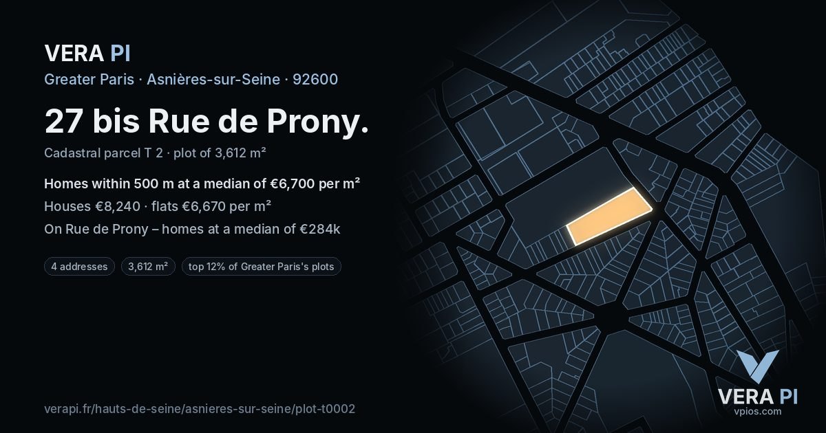27 bis Rue de Prony, Asnières-sur-Seine at night – the plot lit, the parcels around coloured by the prices near them
