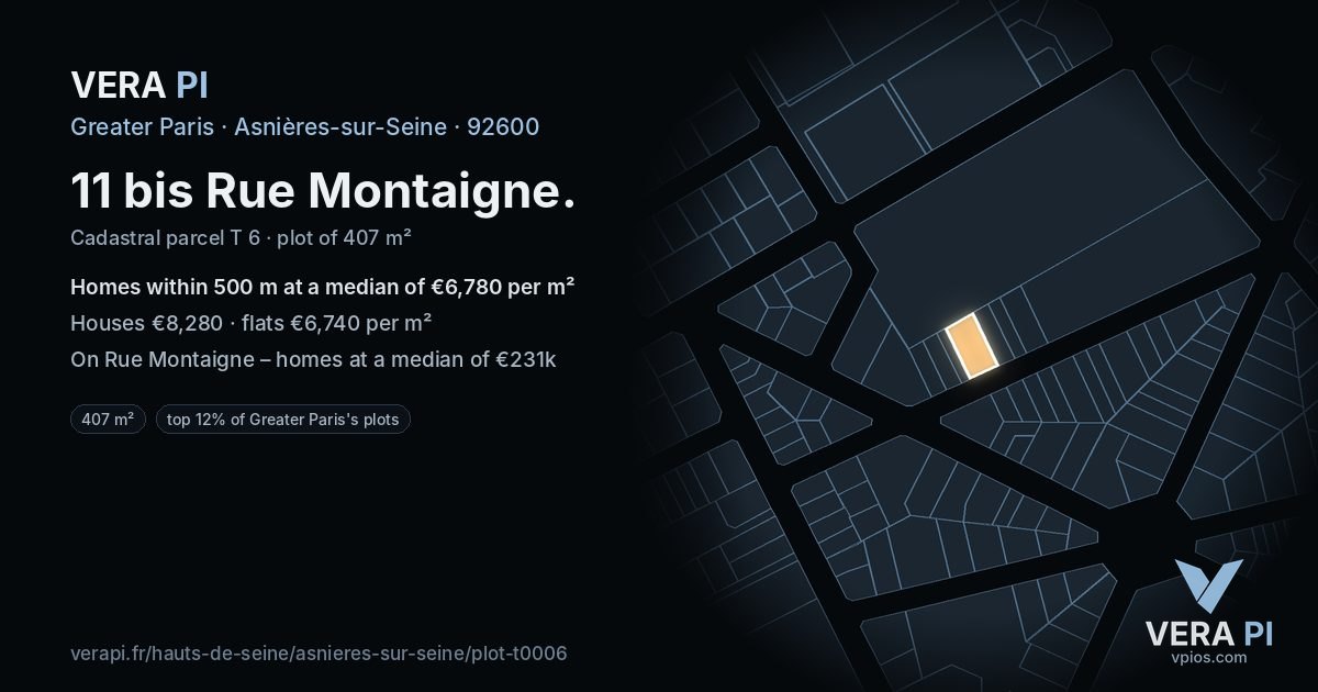 11 bis Rue Montaigne, Asnières-sur-Seine at night – the plot lit, the parcels around coloured by the prices near them