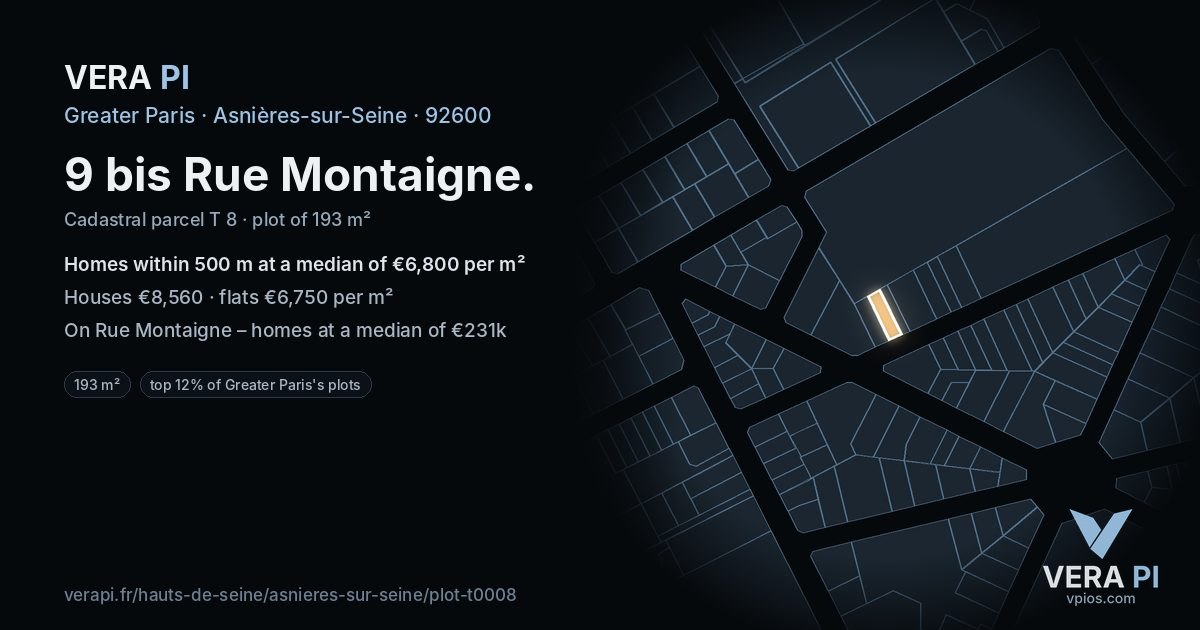 9 bis Rue Montaigne, Asnières-sur-Seine at night – the plot lit, the parcels around coloured by the prices near them