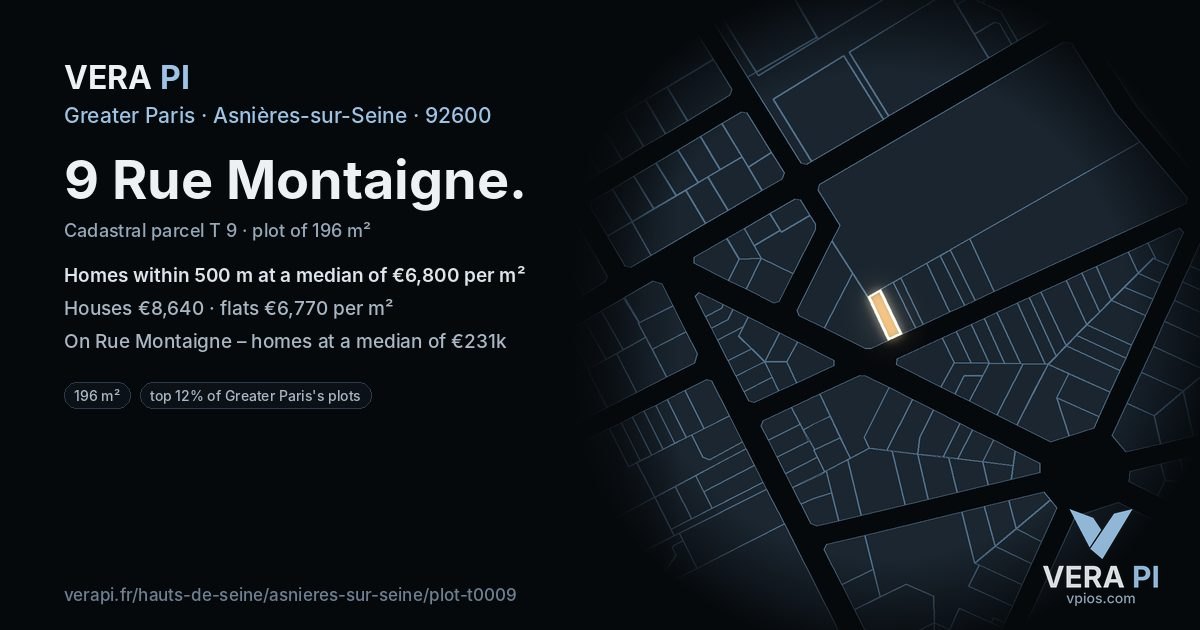 9 Rue Montaigne, Asnières-sur-Seine at night – the plot lit, the parcels around coloured by the prices near them