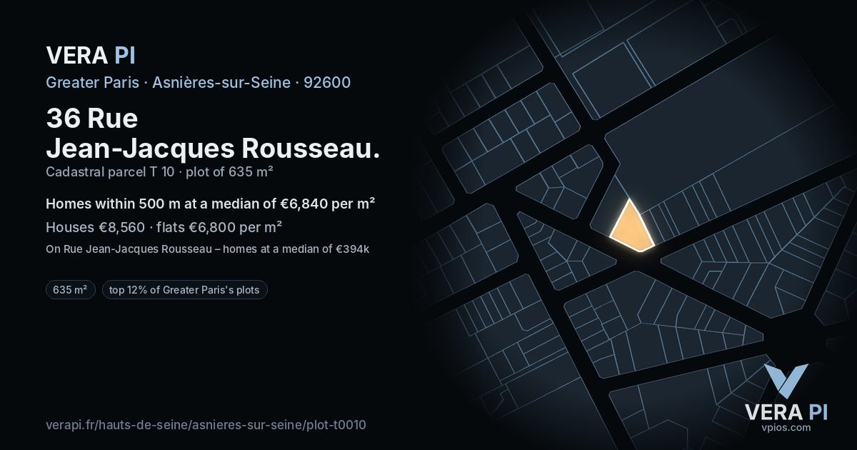 36 Rue Jean-Jacques Rousseau, Asnières-sur-Seine at night – the plot lit, the parcels around coloured by the prices near them