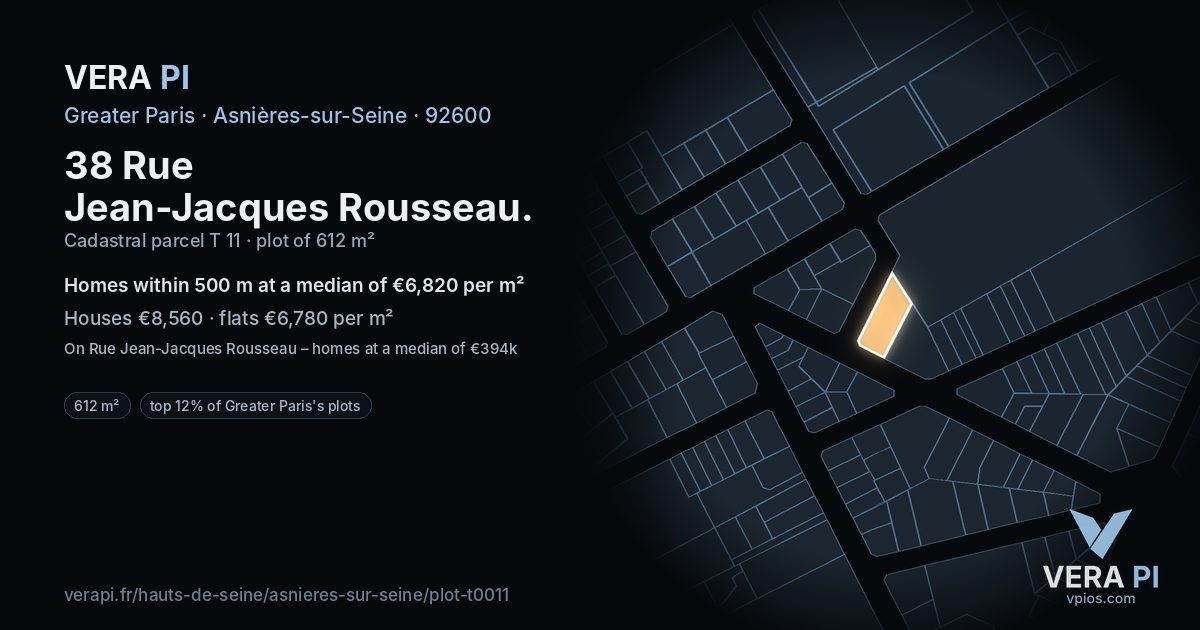 38 Rue Jean-Jacques Rousseau, Asnières-sur-Seine at night – the plot lit, the parcels around coloured by the prices near them