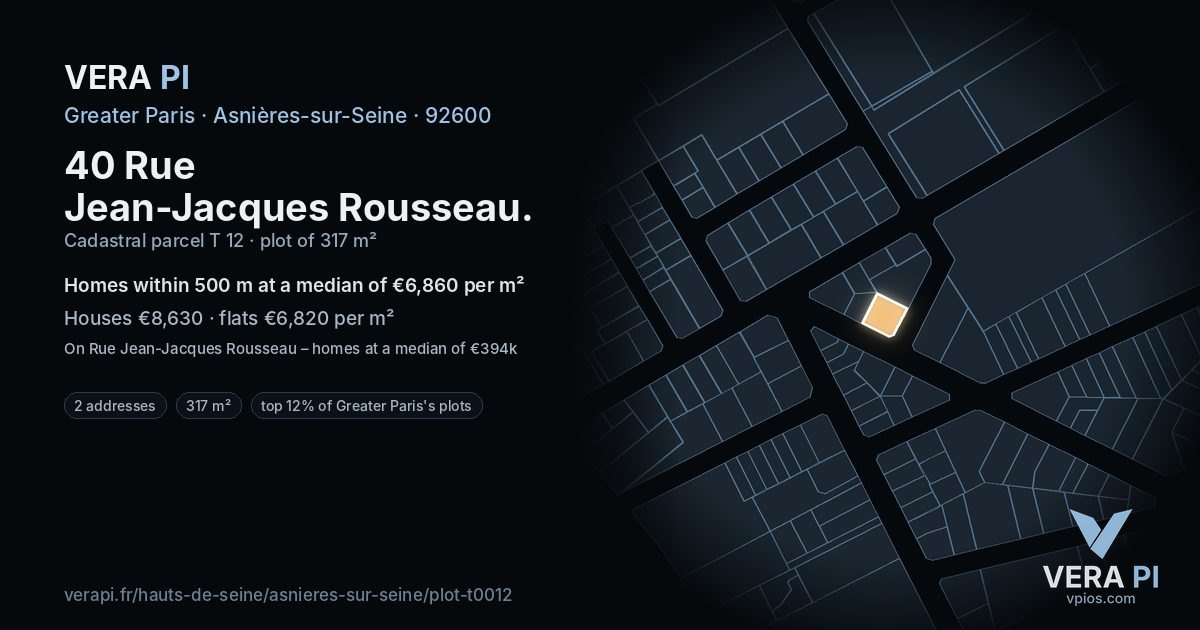 40 Rue Jean-Jacques Rousseau, Asnières-sur-Seine at night – the plot lit, the parcels around coloured by the prices near them