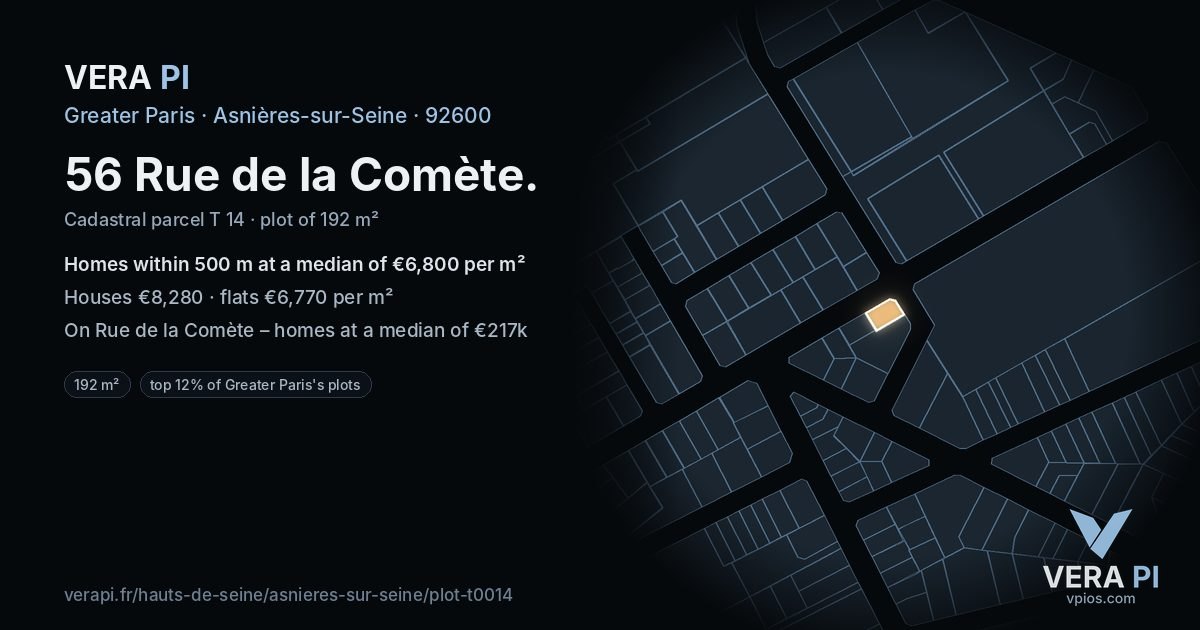 56 Rue de la Comète, Asnières-sur-Seine at night – the plot lit, the parcels around coloured by the prices near them