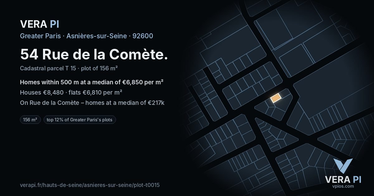 54 Rue de la Comète, Asnières-sur-Seine at night – the plot lit, the parcels around coloured by the prices near them