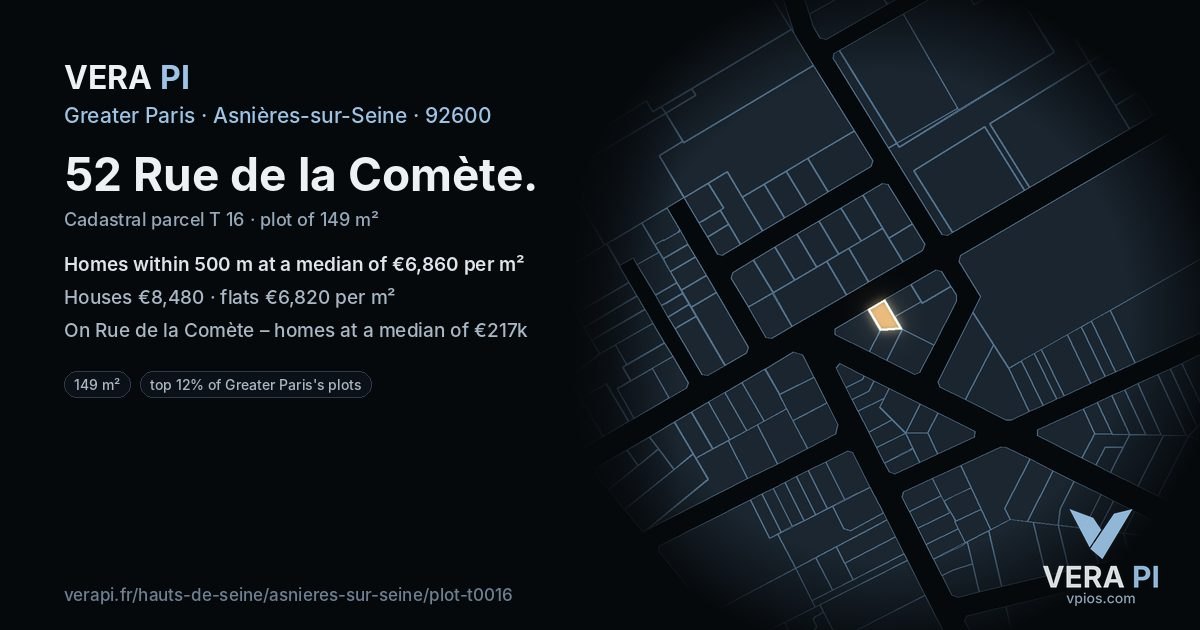 52 Rue de la Comète, Asnières-sur-Seine at night – the plot lit, the parcels around coloured by the prices near them