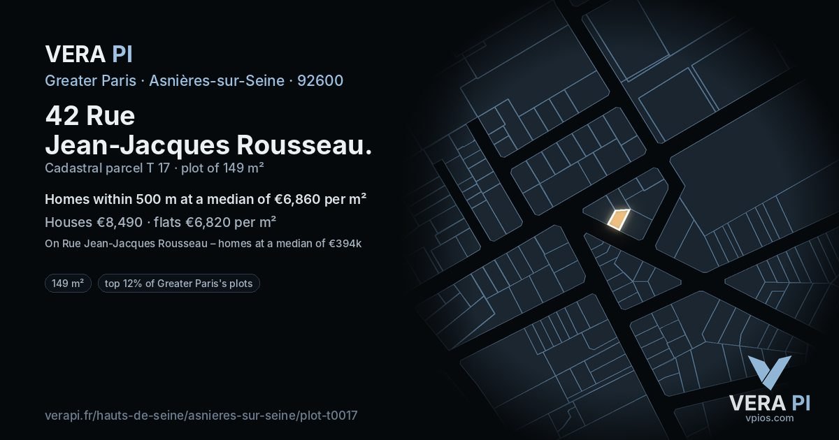 42 Rue Jean-Jacques Rousseau, Asnières-sur-Seine at night – the plot lit, the parcels around coloured by the prices near them