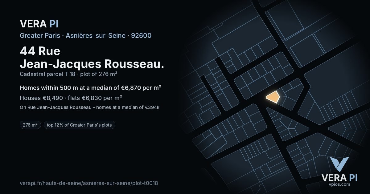44 Rue Jean-Jacques Rousseau, Asnières-sur-Seine at night – the plot lit, the parcels around coloured by the prices near them