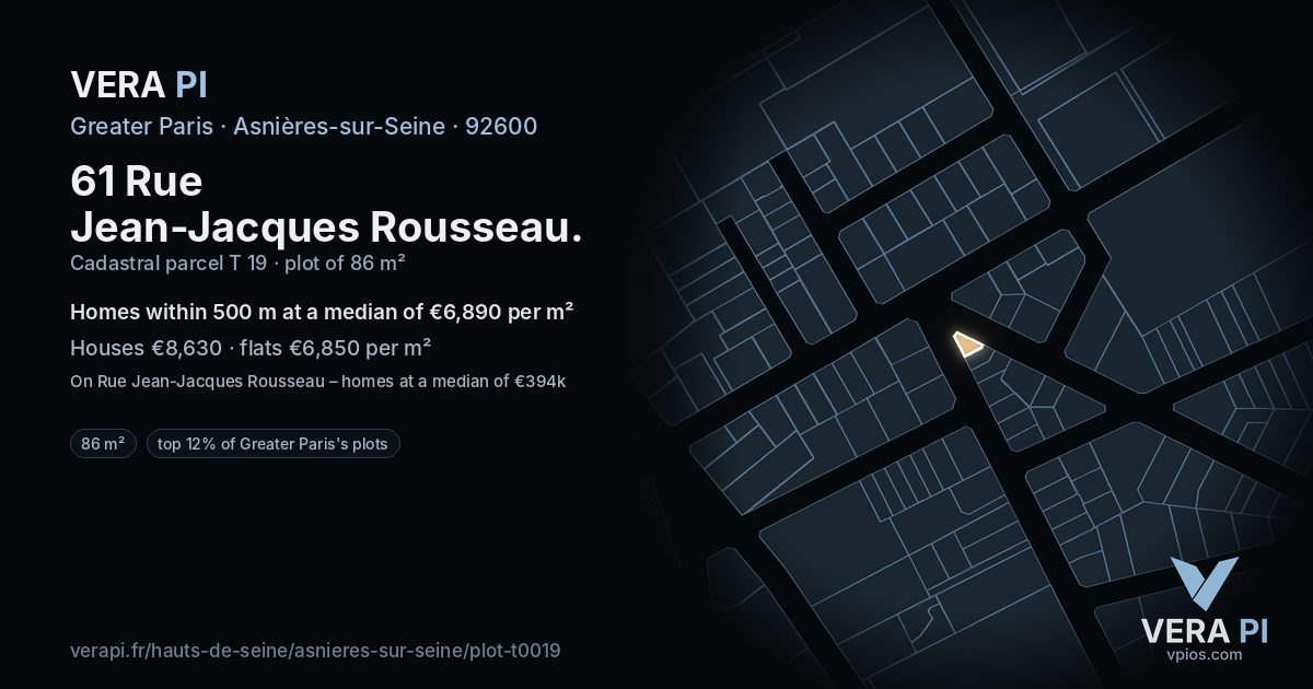 61 Rue Jean-Jacques Rousseau, Asnières-sur-Seine at night – the plot lit, the parcels around coloured by the prices near them