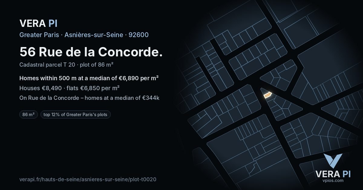 56 Rue de la Concorde, Asnières-sur-Seine at night – the plot lit, the parcels around coloured by the prices near them