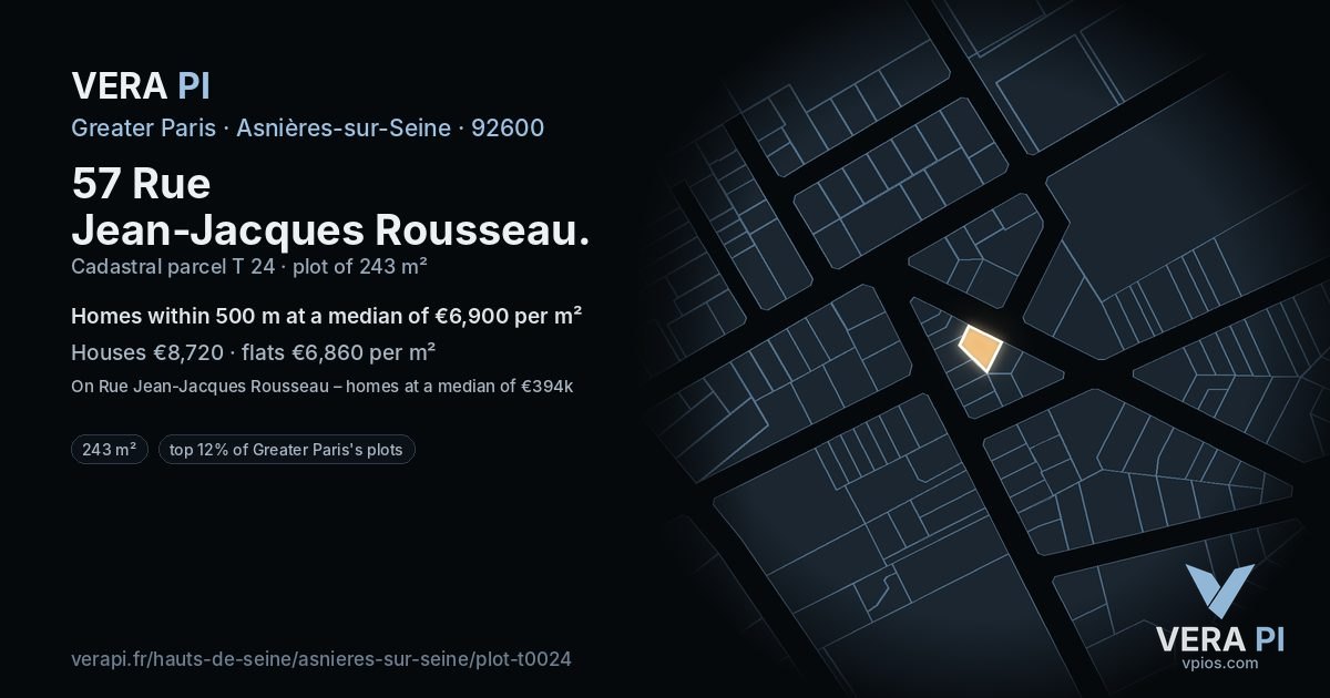 57 Rue Jean-Jacques Rousseau, Asnières-sur-Seine at night – the plot lit, the parcels around coloured by the prices near them
