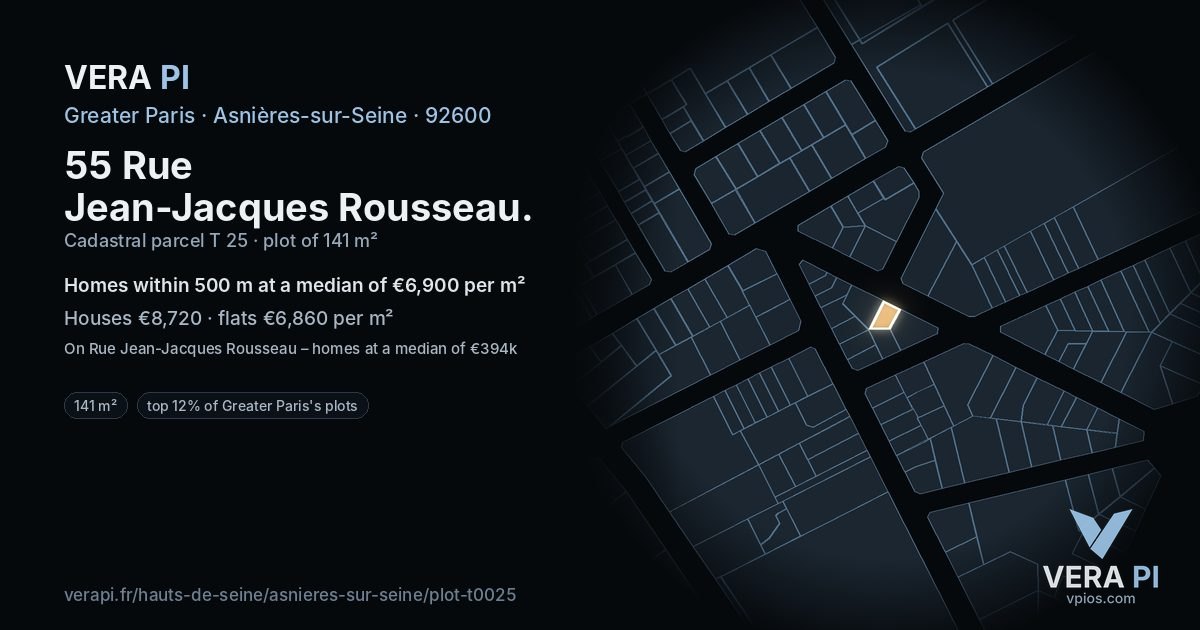 55 Rue Jean-Jacques Rousseau, Asnières-sur-Seine at night – the plot lit, the parcels around coloured by the prices near them