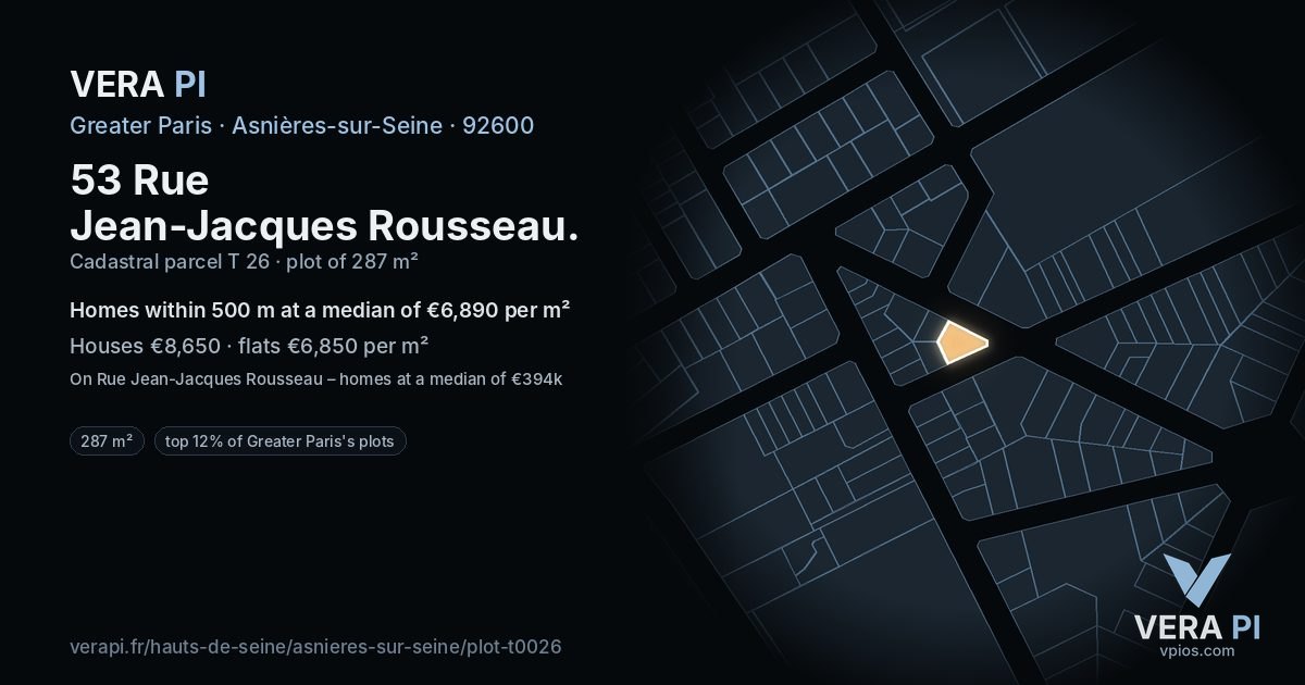 53 Rue Jean-Jacques Rousseau, Asnières-sur-Seine at night – the plot lit, the parcels around coloured by the prices near them
