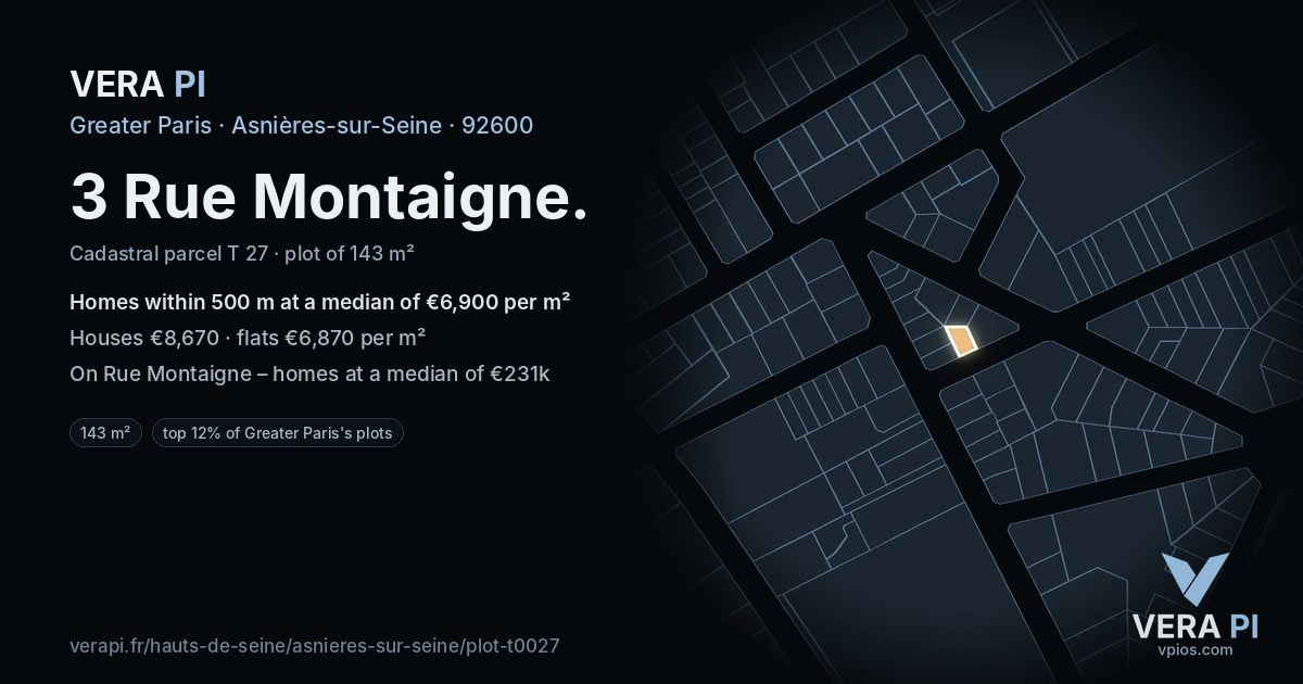 3 Rue Montaigne, Asnières-sur-Seine at night – the plot lit, the parcels around coloured by the prices near them