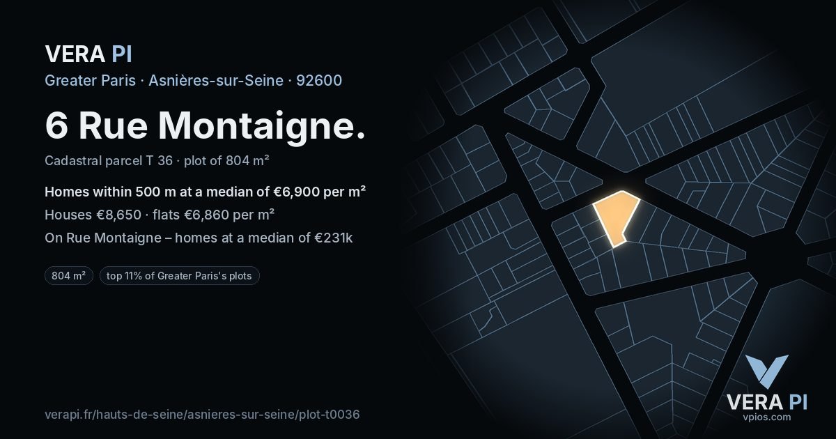 6 Rue Montaigne, Asnières-sur-Seine at night – the plot lit, the parcels around coloured by the prices near them