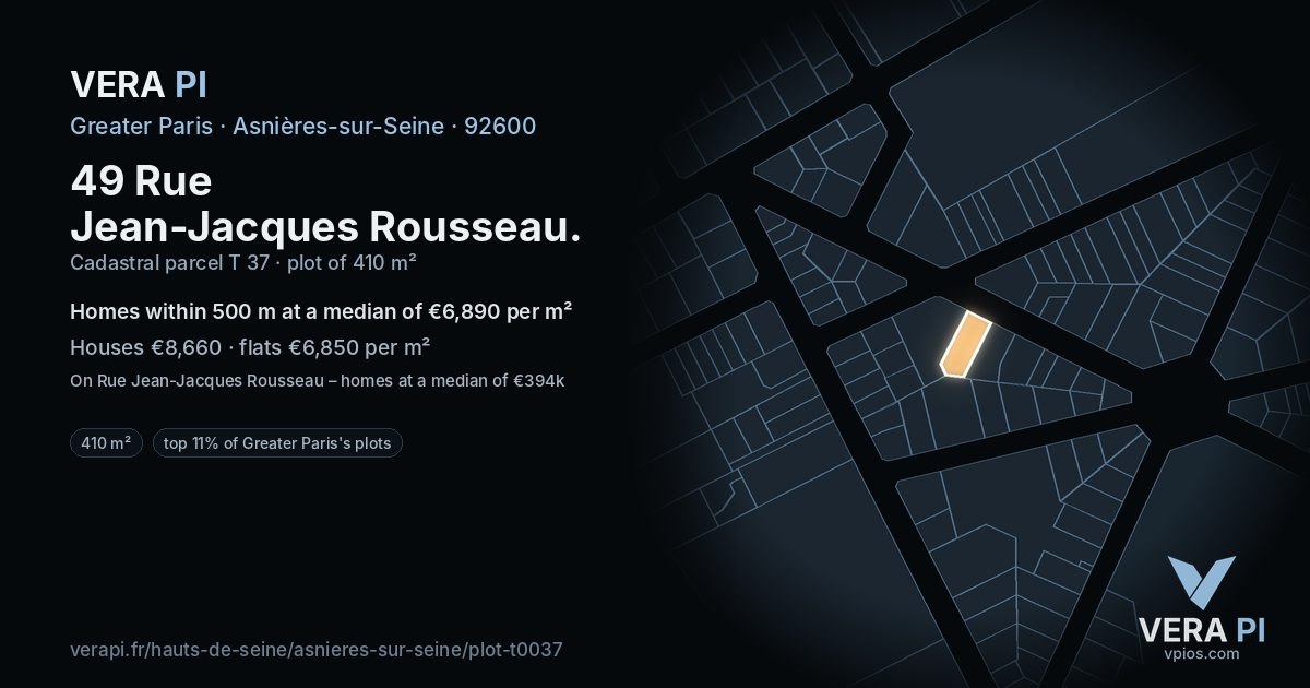49 Rue Jean-Jacques Rousseau, Asnières-sur-Seine at night – the plot lit, the parcels around coloured by the prices near them