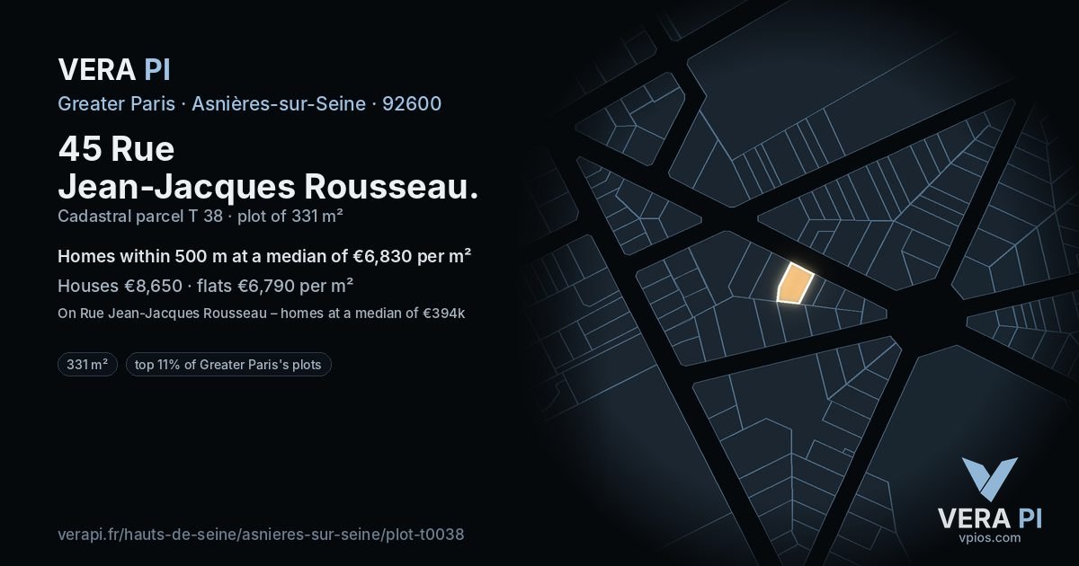 45 Rue Jean-Jacques Rousseau, Asnières-sur-Seine at night – the plot lit, the parcels around coloured by the prices near them