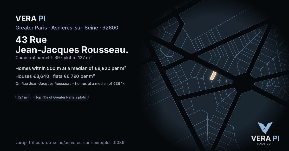 43 Rue Jean-Jacques Rousseau, Asnières-sur-Seine at night – the plot lit, the parcels around coloured by the prices near them