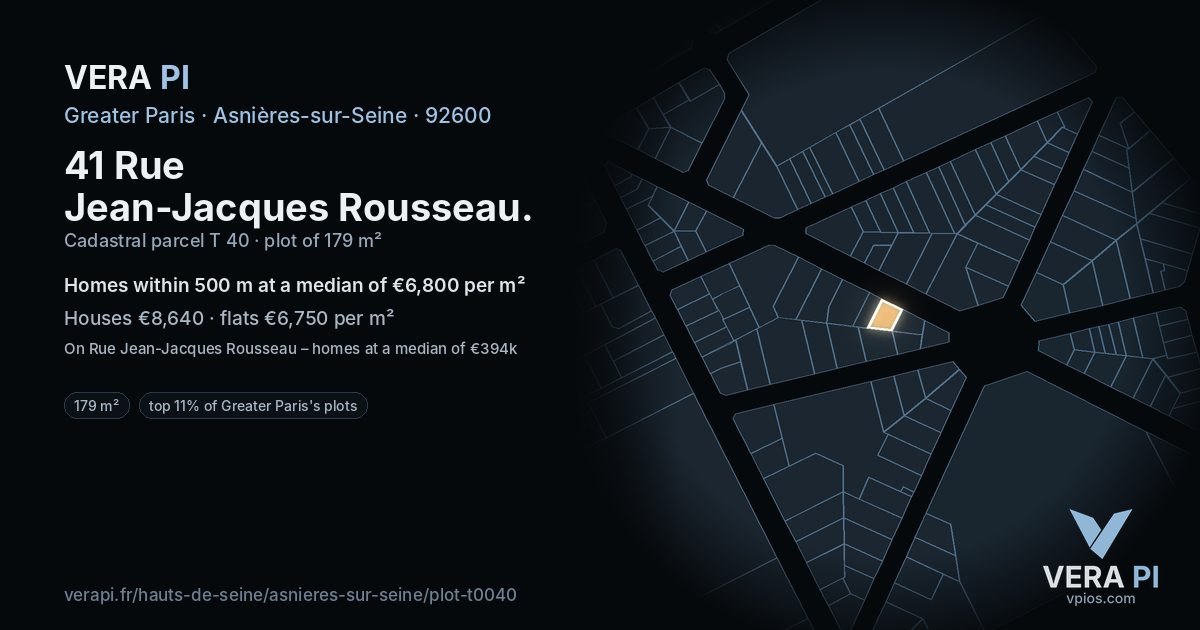 41 Rue Jean-Jacques Rousseau, Asnières-sur-Seine at night – the plot lit, the parcels around coloured by the prices near them