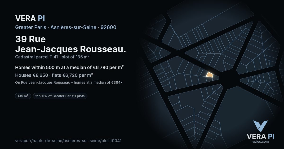 39 Rue Jean-Jacques Rousseau, Asnières-sur-Seine at night – the plot lit, the parcels around coloured by the prices near them