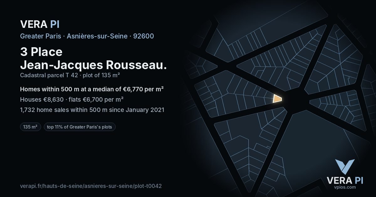 3 Place Jean-Jacques Rousseau, Asnières-sur-Seine at night – the plot lit, the parcels around coloured by the prices near them