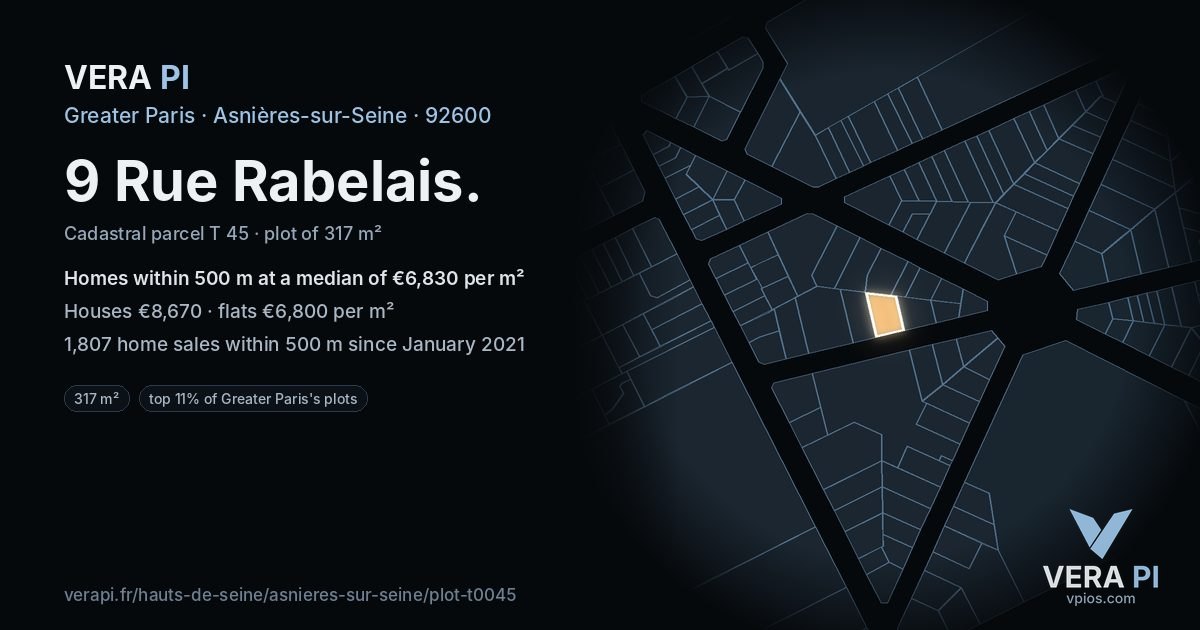 9 Rue Rabelais, Asnières-sur-Seine at night – the plot lit, the parcels around coloured by the prices near them