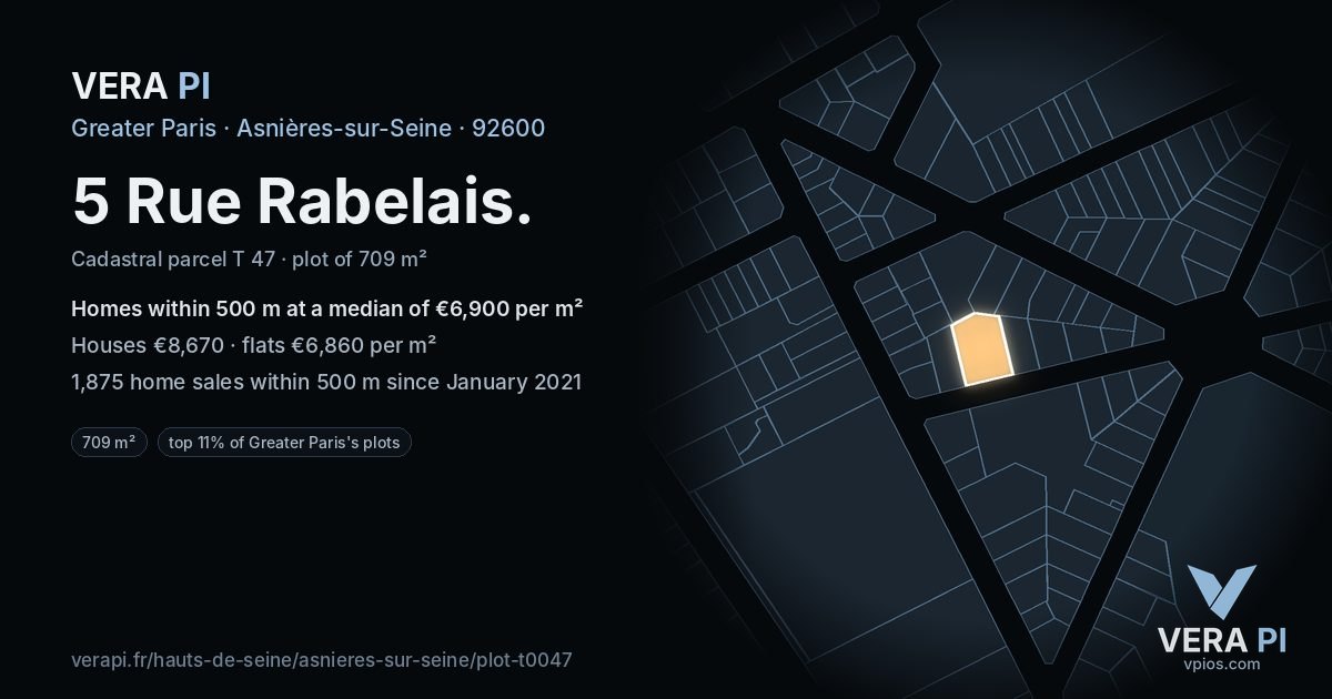 5 Rue Rabelais, Asnières-sur-Seine at night – the plot lit, the parcels around coloured by the prices near them