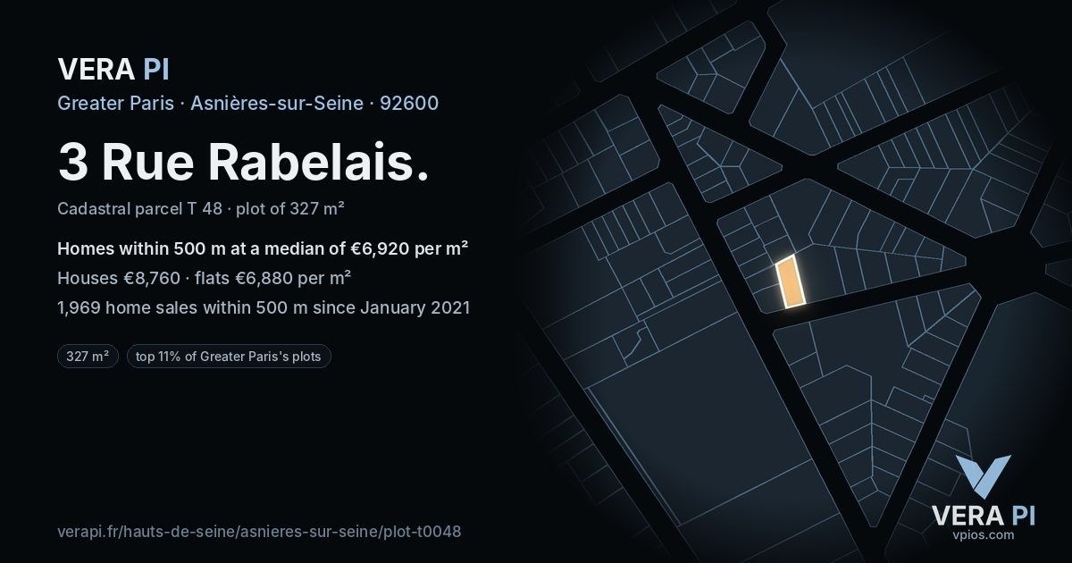3 Rue Rabelais, Asnières-sur-Seine at night – the plot lit, the parcels around coloured by the prices near them