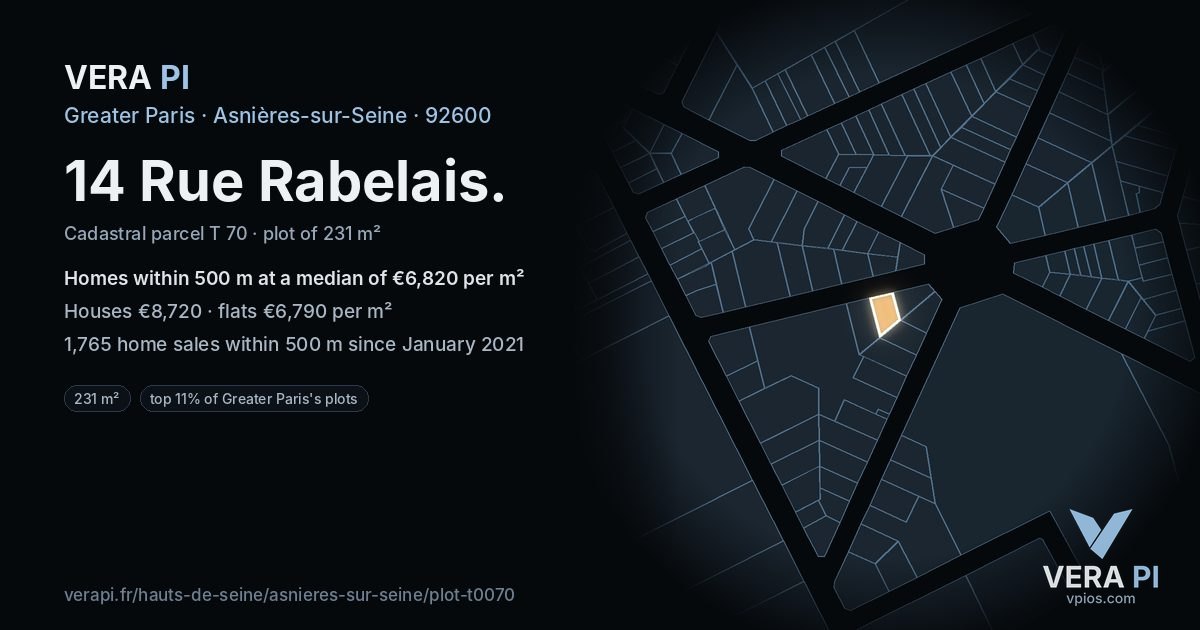14 Rue Rabelais, Asnières-sur-Seine at night – the plot lit, the parcels around coloured by the prices near them
