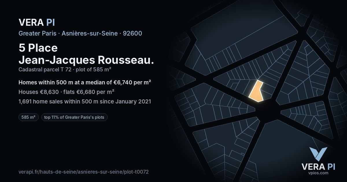 5 Place Jean-Jacques Rousseau, Asnières-sur-Seine at night – the plot lit, the parcels around coloured by the prices near them