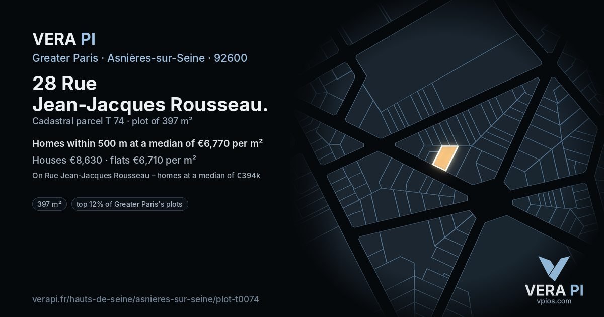 28 Rue Jean-Jacques Rousseau, Asnières-sur-Seine at night – the plot lit, the parcels around coloured by the prices near them
