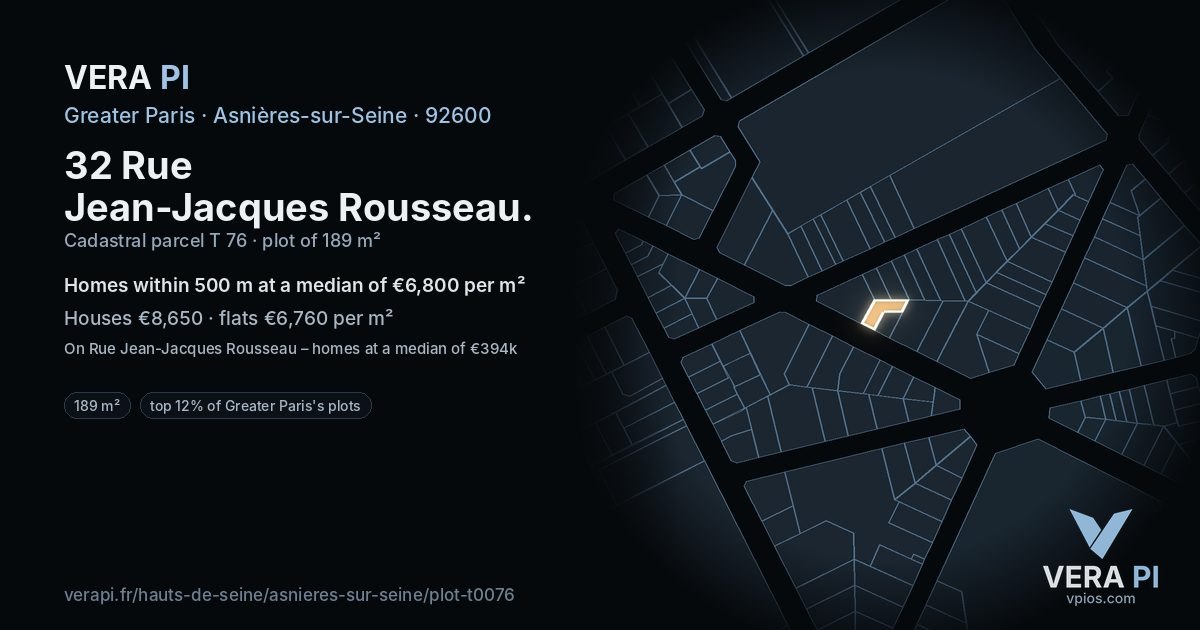 32 Rue Jean-Jacques Rousseau, Asnières-sur-Seine at night – the plot lit, the parcels around coloured by the prices near them