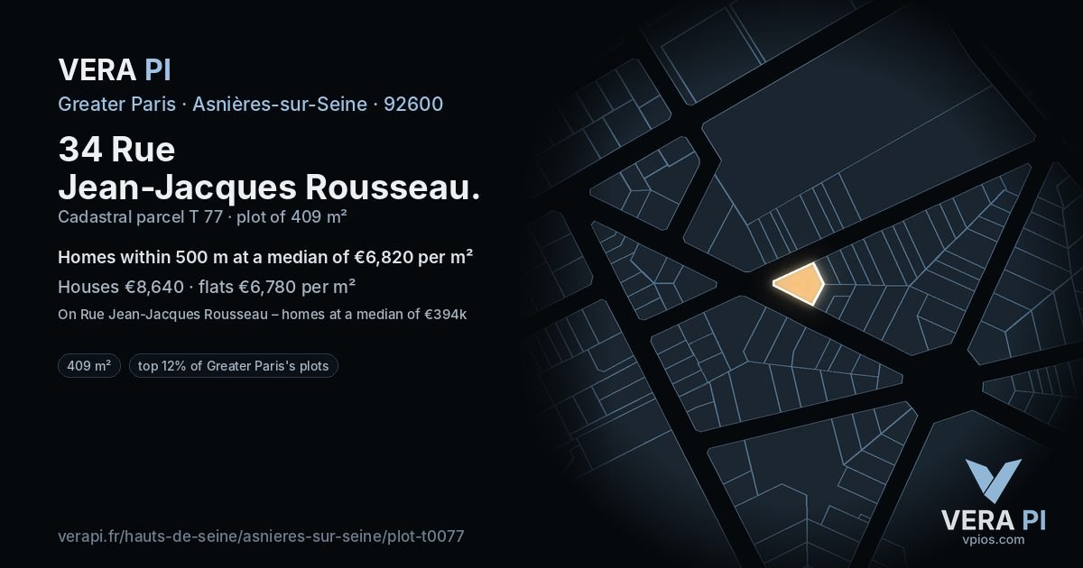 34 Rue Jean-Jacques Rousseau, Asnières-sur-Seine at night – the plot lit, the parcels around coloured by the prices near them