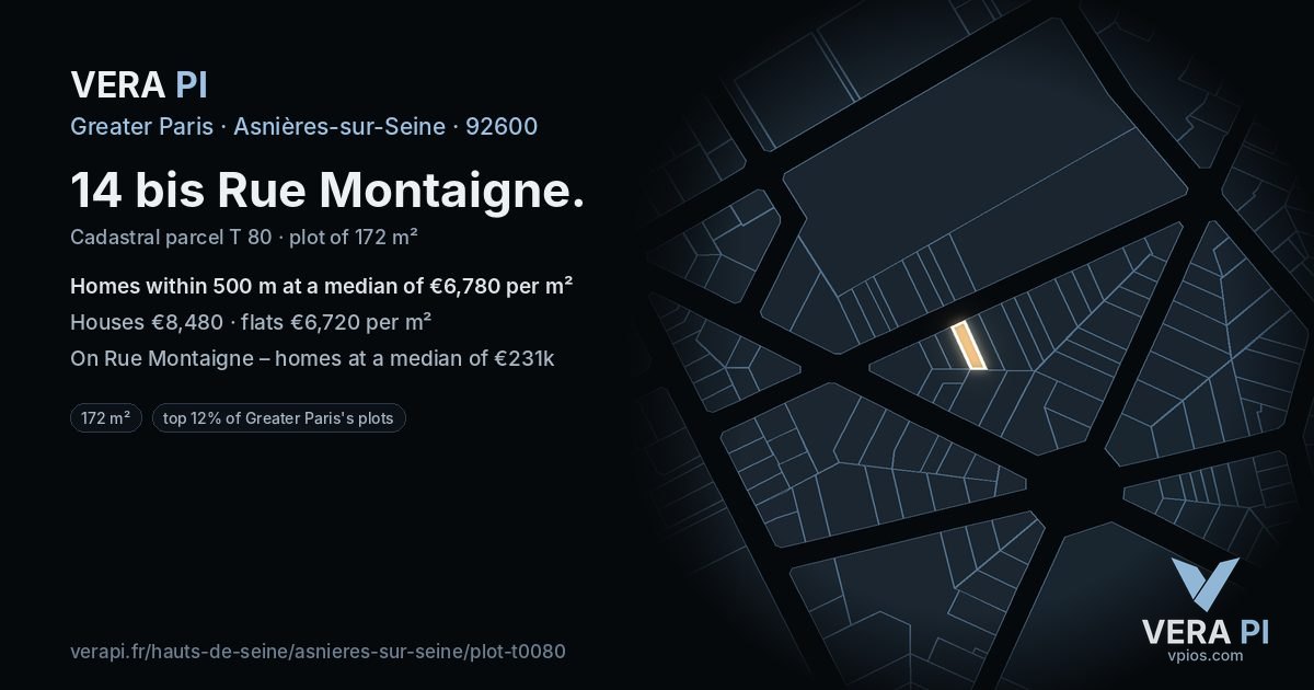 14 bis Rue Montaigne, Asnières-sur-Seine at night – the plot lit, the parcels around coloured by the prices near them