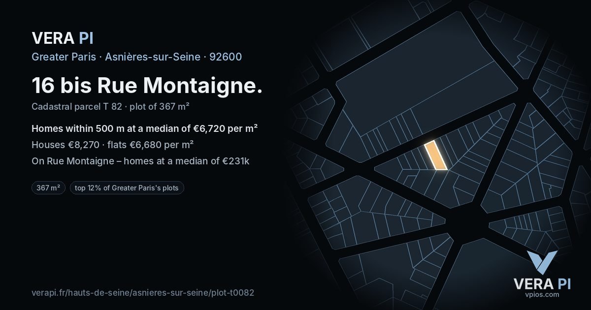 16 bis Rue Montaigne, Asnières-sur-Seine at night – the plot lit, the parcels around coloured by the prices near them