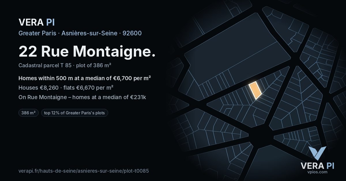 22 Rue Montaigne, Asnières-sur-Seine at night – the plot lit, the parcels around coloured by the prices near them