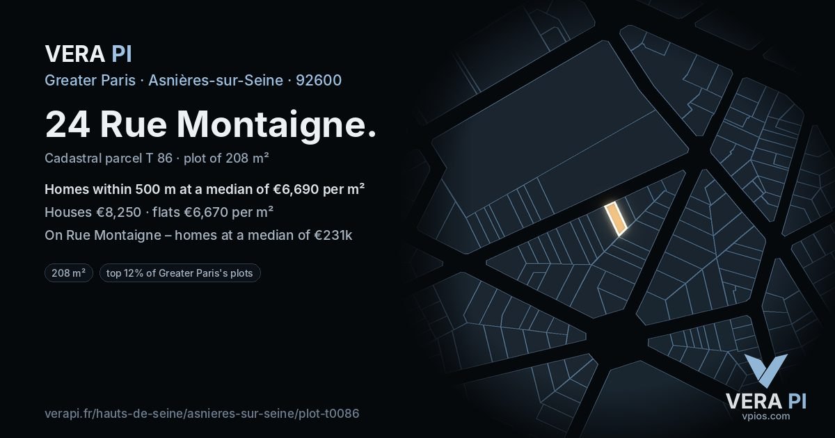 24 Rue Montaigne, Asnières-sur-Seine at night – the plot lit, the parcels around coloured by the prices near them