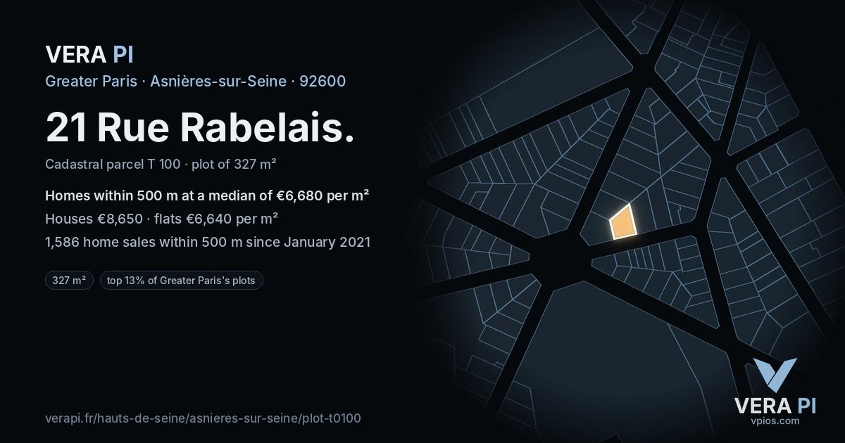 21 Rue Rabelais, Asnières-sur-Seine at night – the plot lit, the parcels around coloured by the prices near them
