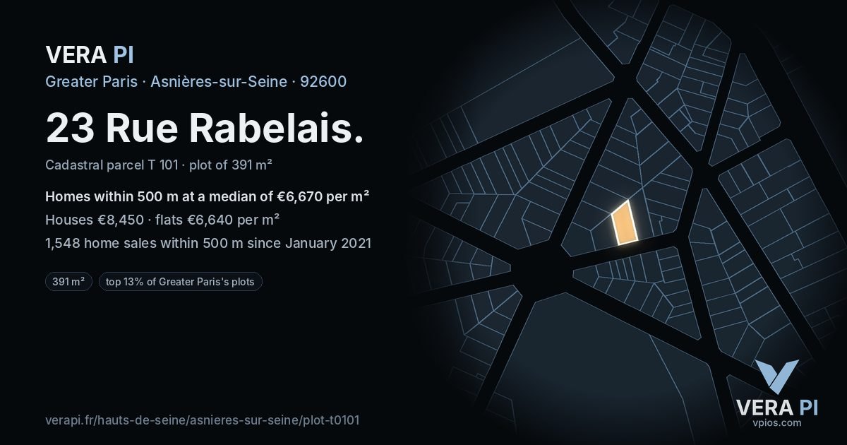 23 Rue Rabelais, Asnières-sur-Seine at night – the plot lit, the parcels around coloured by the prices near them
