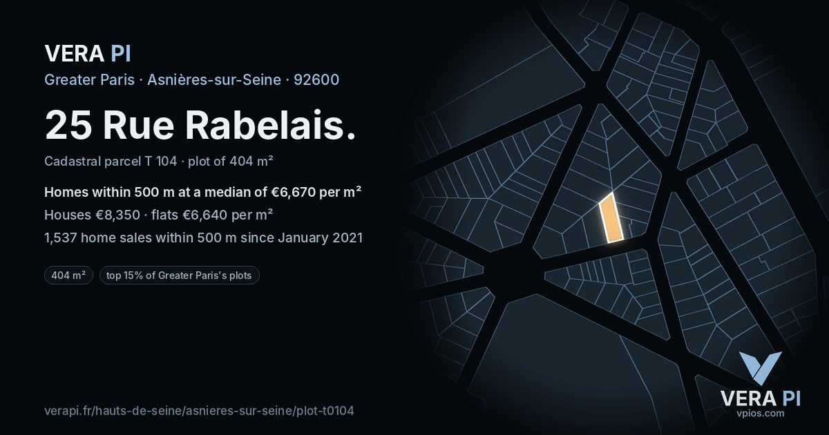 25 Rue Rabelais, Asnières-sur-Seine at night – the plot lit, the parcels around coloured by the prices near them