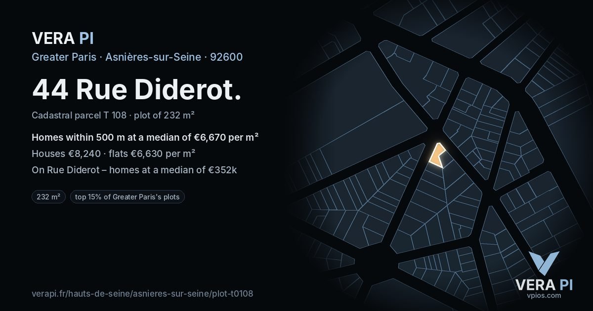 44 Rue Diderot, Asnières-sur-Seine at night – the plot lit, the parcels around coloured by the prices near them