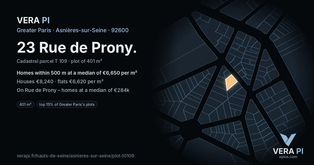 23 Rue de Prony, Asnières-sur-Seine at night – the plot lit, the parcels around coloured by the prices near them