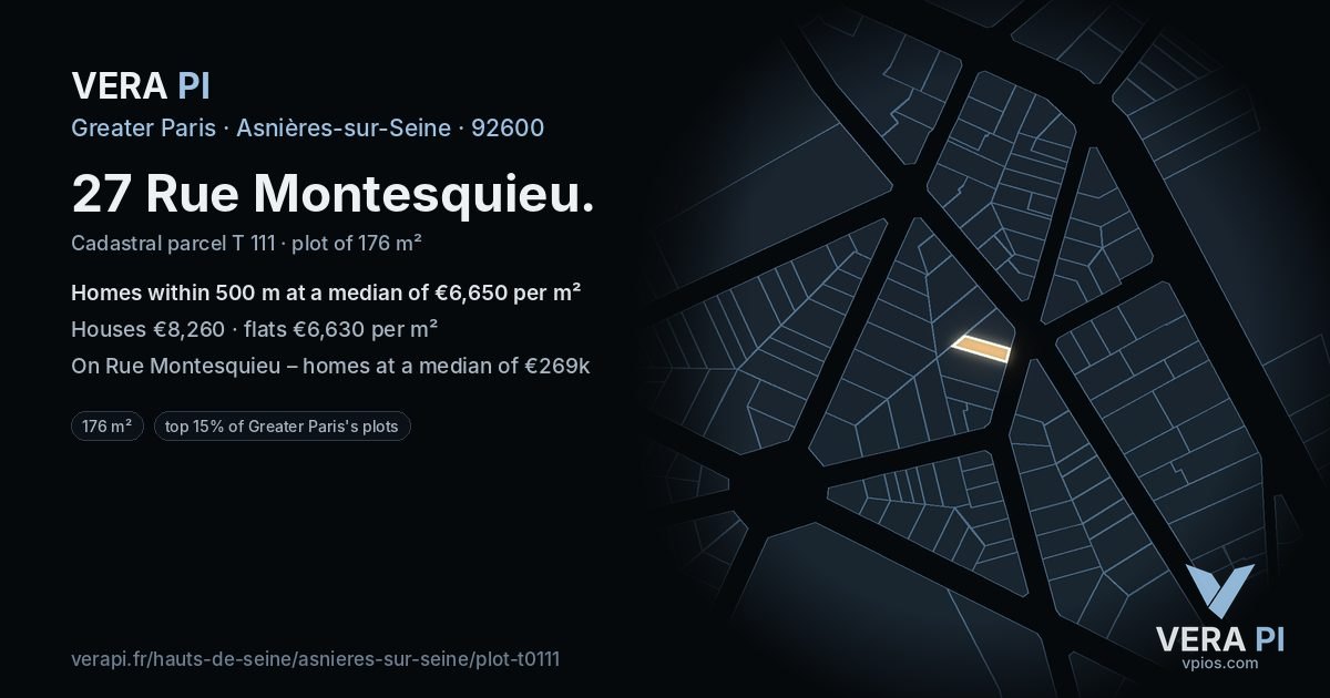27 Rue Montesquieu, Asnières-sur-Seine at night – the plot lit, the parcels around coloured by the prices near them