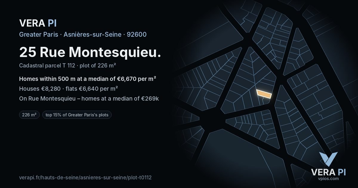 25 Rue Montesquieu, Asnières-sur-Seine at night – the plot lit, the parcels around coloured by the prices near them
