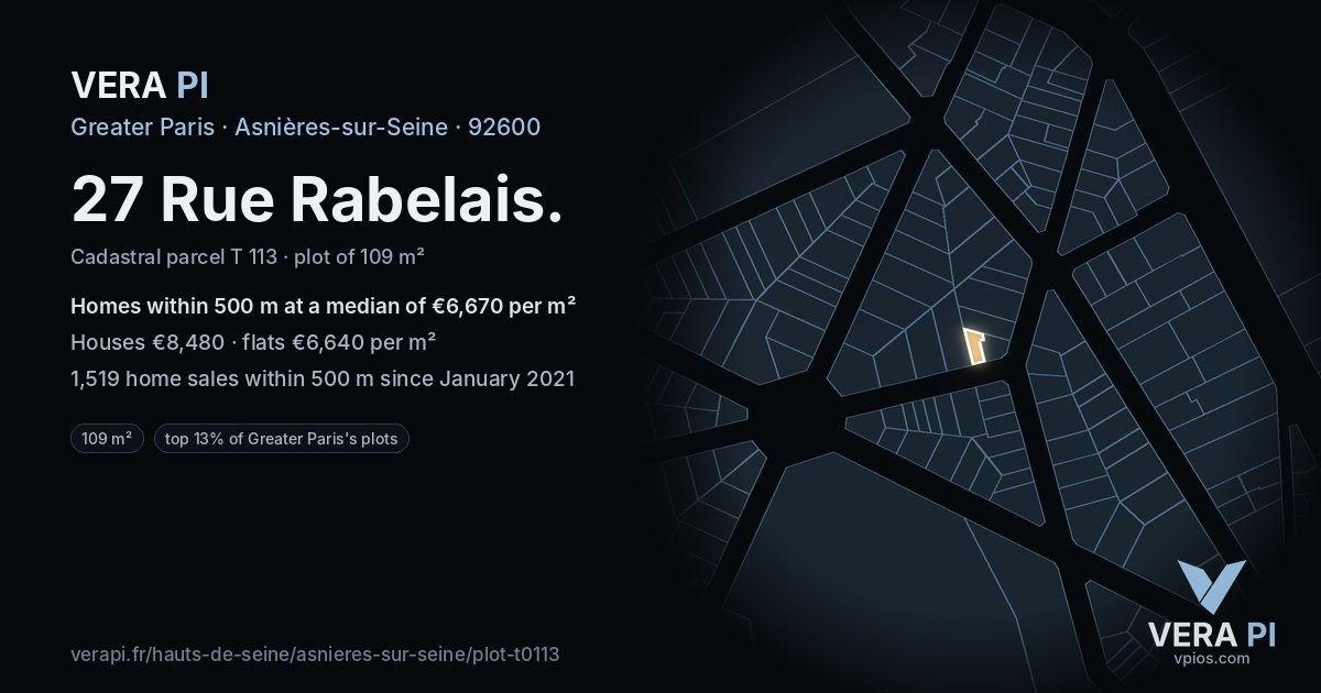 27 Rue Rabelais, Asnières-sur-Seine at night – the plot lit, the parcels around coloured by the prices near them