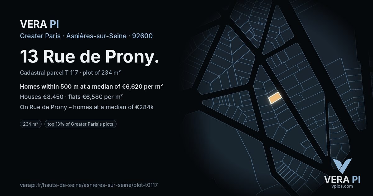 13 Rue de Prony, Asnières-sur-Seine at night – the plot lit, the parcels around coloured by the prices near them