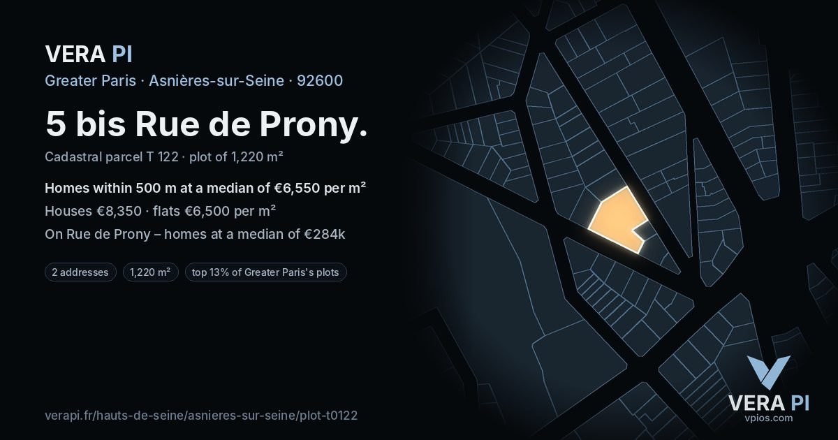 5 bis Rue de Prony, Asnières-sur-Seine at night – the plot lit, the parcels around coloured by the prices near them