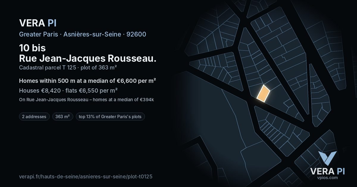10 bis Rue Jean-Jacques Rousseau, Asnières-sur-Seine at night – the plot lit, the parcels around coloured by the prices near them